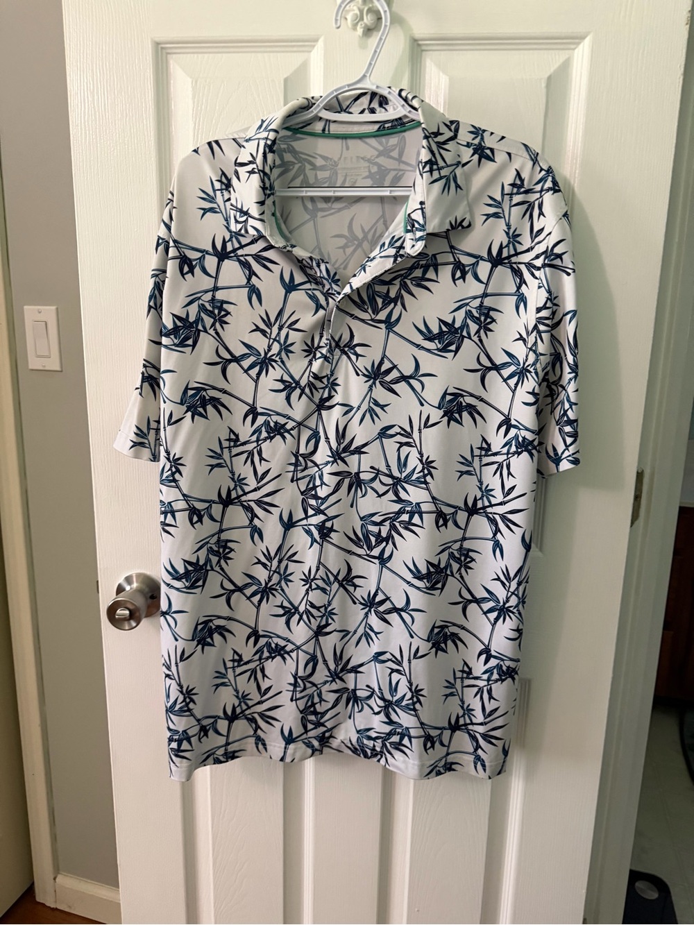 Men's Short-Sleeve Casual Button-Down Shirt in White with Navy Bamboo Print